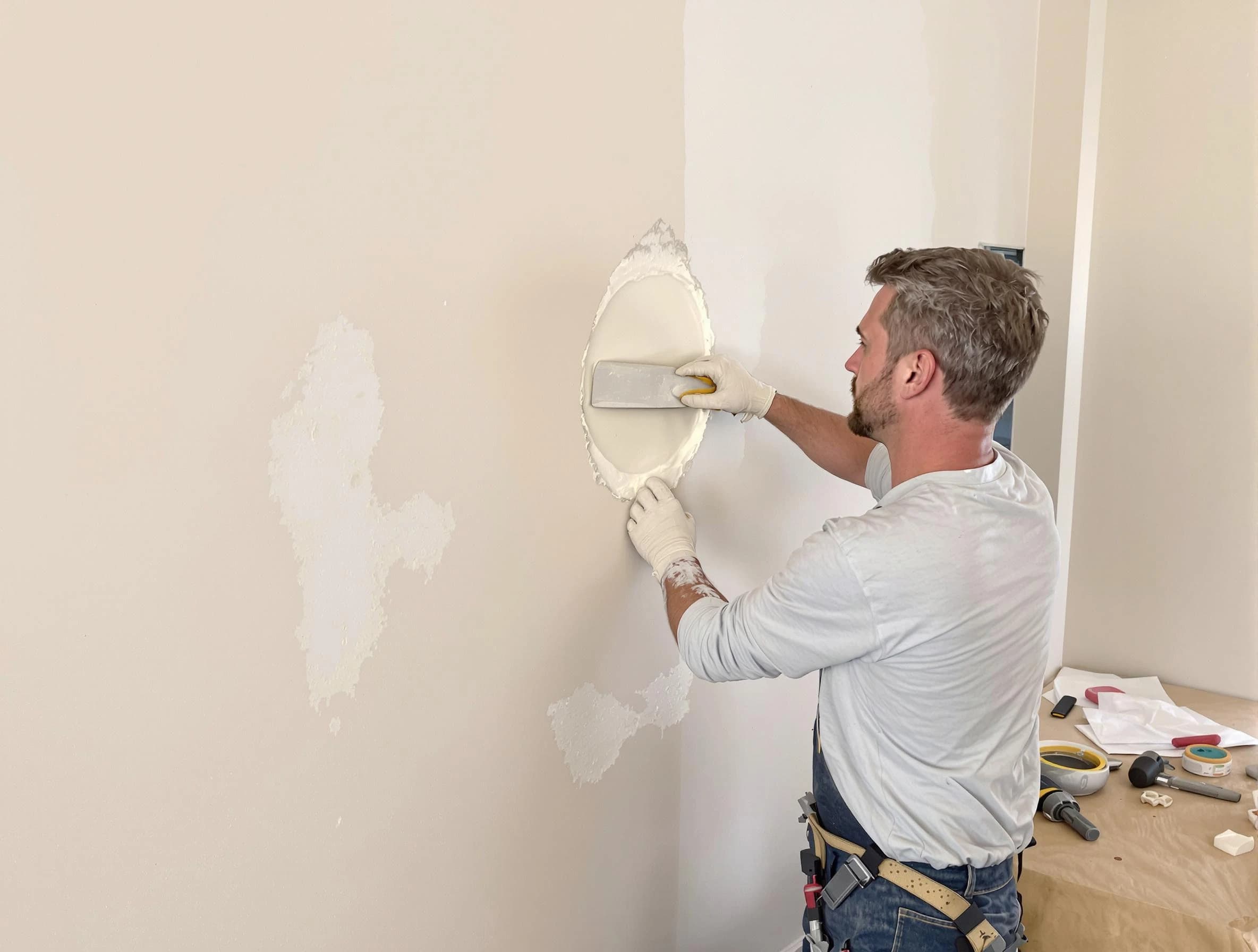 New Franklin House Painters technician patching a drywall hole in New Franklin, OH