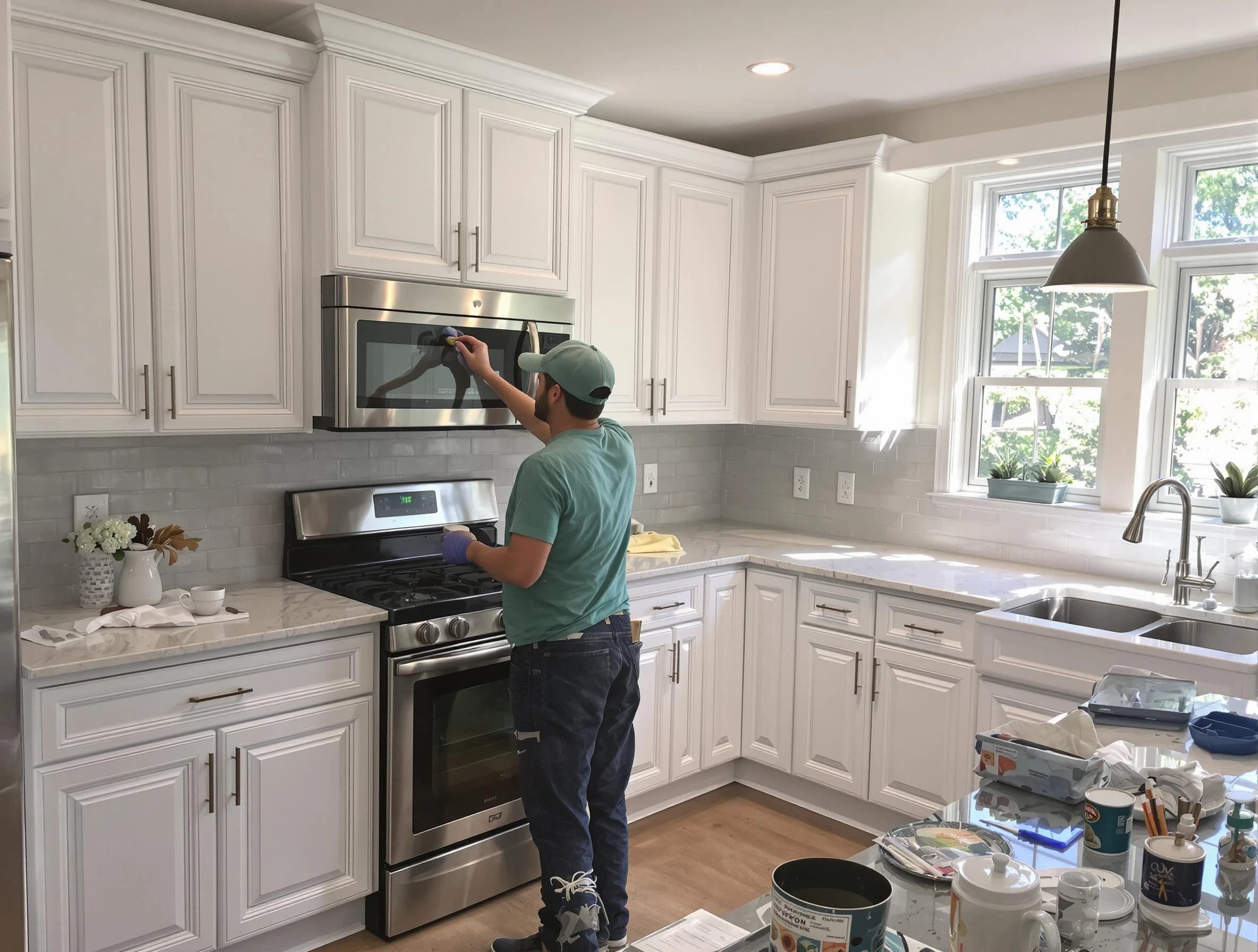 Kitchen cabinets being refinished by New Franklin House Painters in New Franklin, OH