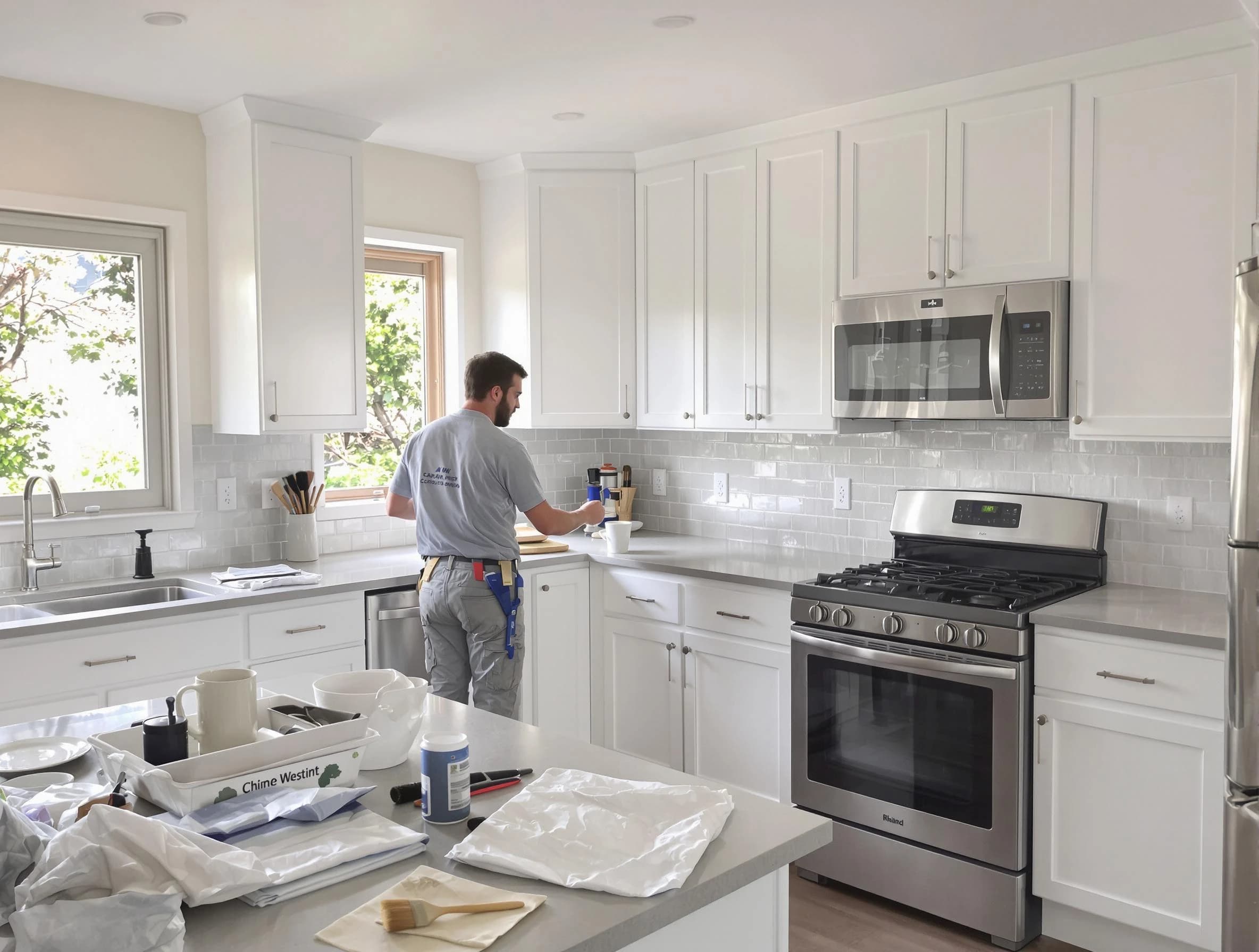 New Franklin House Painters applying fresh paint on kitchen cabinets in New Franklin