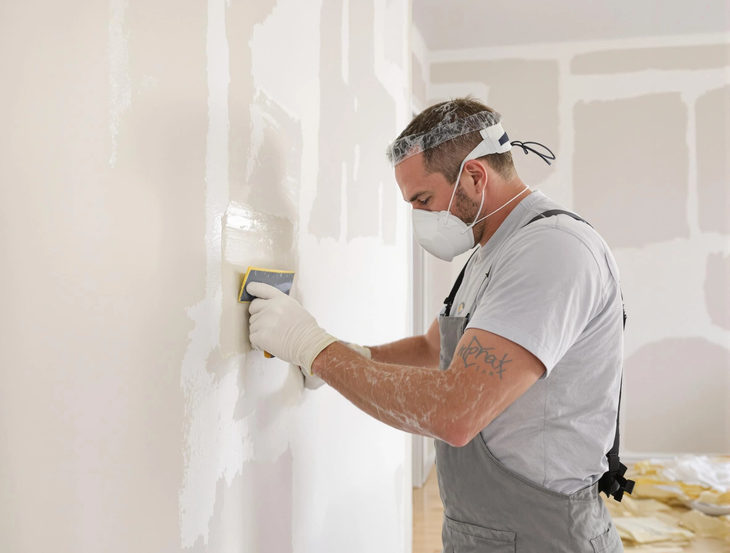 New Franklin House Painters technician applying mud to drywall seams in New Franklin, OH