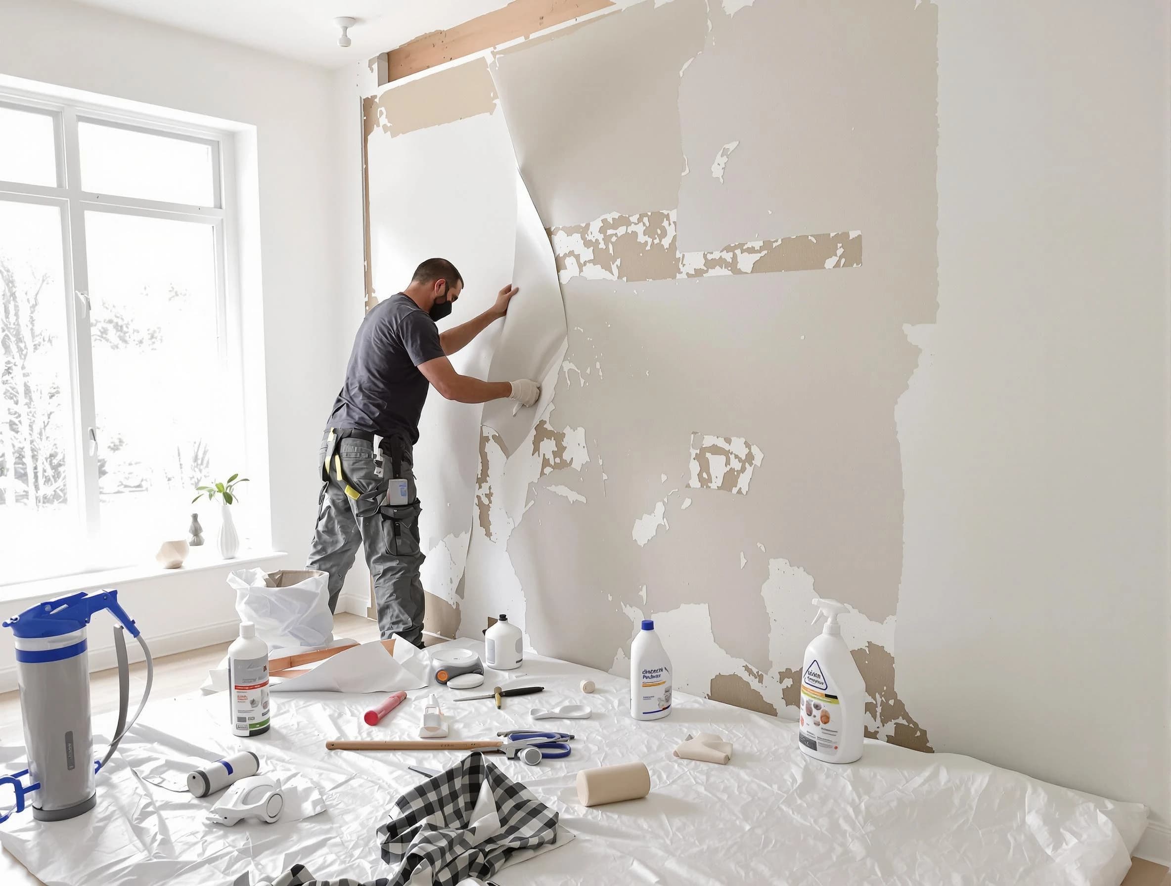 New Franklin House Painters technician removing wallpaper in New Franklin, OH